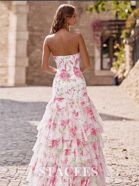 Strapless Floral Tiered Ruffle Prom Dress - White & Pink